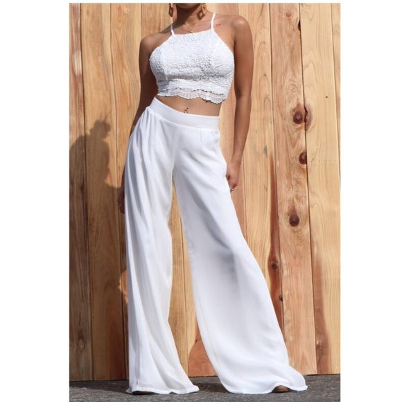 Boho White Crochet Lace Strappy Back Top Wide Leg Pants Set 2 Piece Outfit - Picture 4 of 6